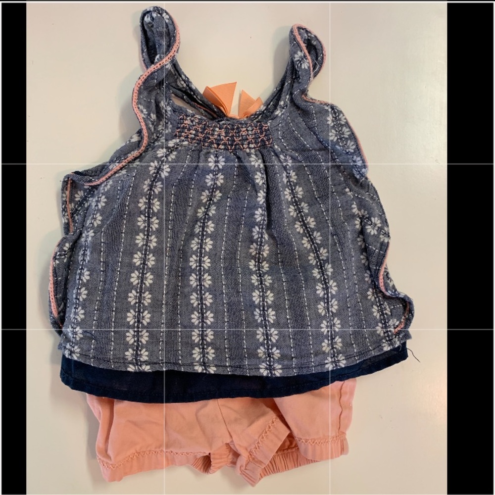 Denim top and peach shorts